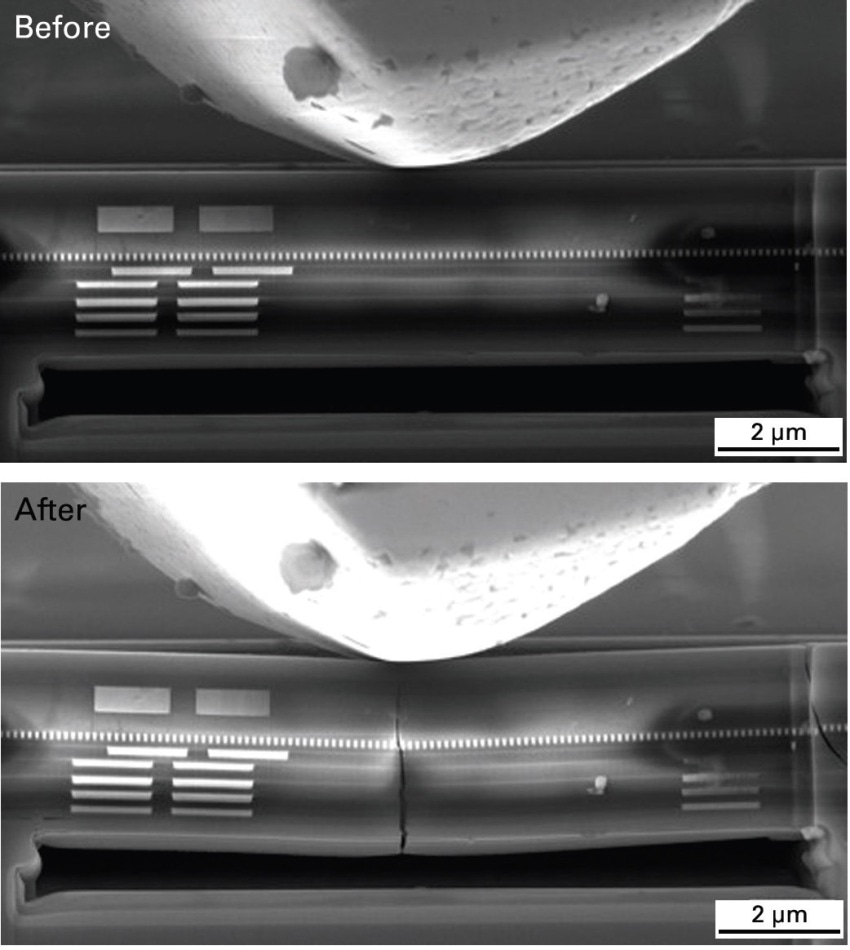 Beam 4 before testing and at critical load. In this beam, a crack opened directly opposite the point of loading. Real-time video of the test is shown below.