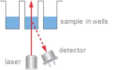 For both static and dynamic light scattering in a well plate, laser illumination and detection take place from below.