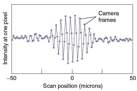 Example structured illumination microscopy (SIM) signal using the technique of Ref. [39] to emulate the signal from an interference microscope, but with adjustable equivalent wavelength and fringe contrast envelope. Here, the equivalent wavelength is 8 µm.