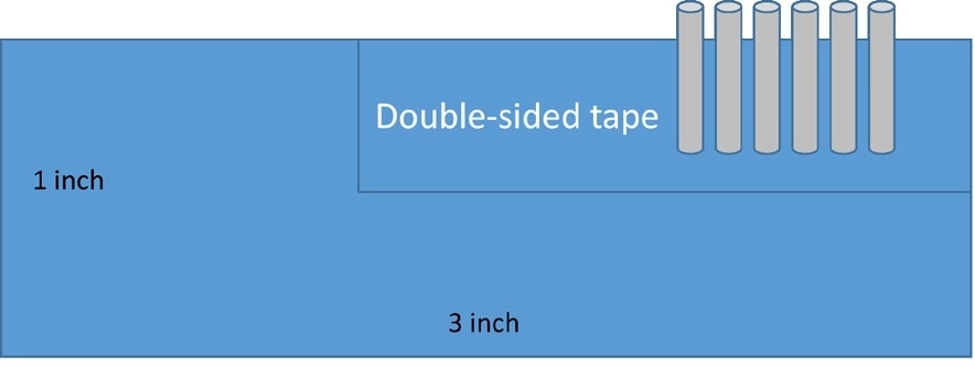 A diagram of the slide showing how the samples were mounted. The slide needed to be downsized to fit the AFM holder, without damaging the fibers that were already carefully selected and mounted.