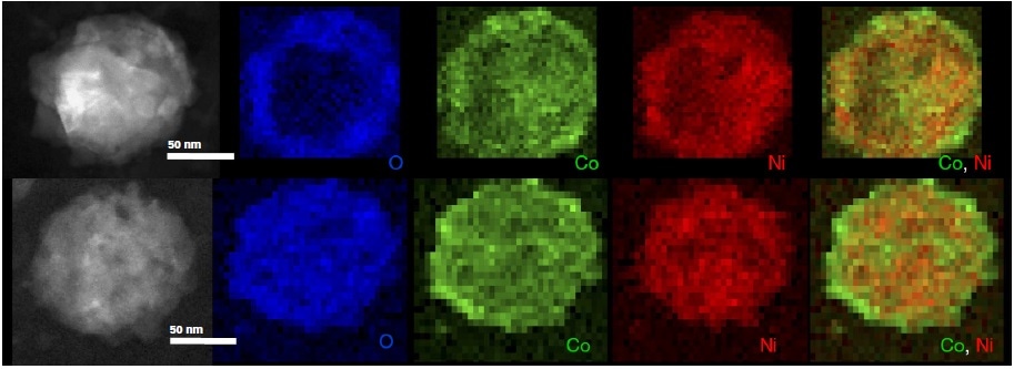 Series of in-situ EELS spectrum images showing particle oxidation. The top row shows a particle after initial oxidation at 450 °C, where a clear oxide shell is observed. The bottom row shows a different particle after further oxidation at 550 °C, where the entire particle was finally oxidized.