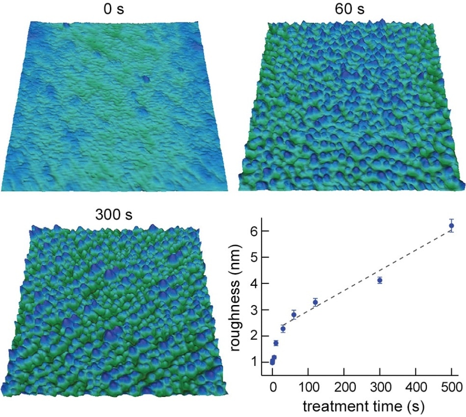 Oxygen plasma treatment of polyethylene terephthalate (PET) films. PET fibers coated with a conducting polymer such as polypyrrole could be used in “smart” electronic textiles. However, achieving good coating-to-fiber adhesion remains a key challenge. Images of PET films exposed to oxygen plasma show that RMS surface roughness increased with exposure time. Films processed longer than 60 s displayed surface etching and uniform nanoscale features. The graph reveals a linear dependence of roughness on treatment time after ~30 s. Combined with data on surface chemistry, the results can be used to optimize treatment parameters for improved coating adhesion and conductivity. Scan size 1 µm; height scale 35 nm.Imaged with the Cypher S AFM. Adapted from Ref. 2.