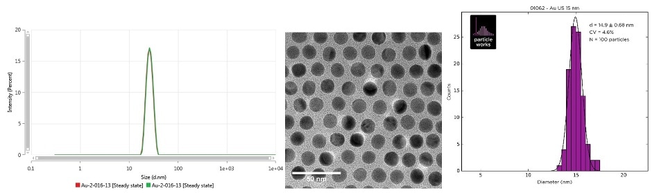 Intensity size distribution as measured by MADLS (left), TEM image (center) and the TEM size distribution (right) of Au-2-016-13