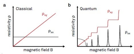 Illustration of longitudinal and transverse resistivities ρxx and ρxy plotted as a function of the magnetic field. (a) Classical Hall effect behavior, where ρxy is co-linear with B, and ρxx is independent of B. (b) Typical signatures of the integer quantum Hall effect. The Hall resistivity ρxy shows plateaus for a range of magnetic field values, with ρxx going to zero at the same time.