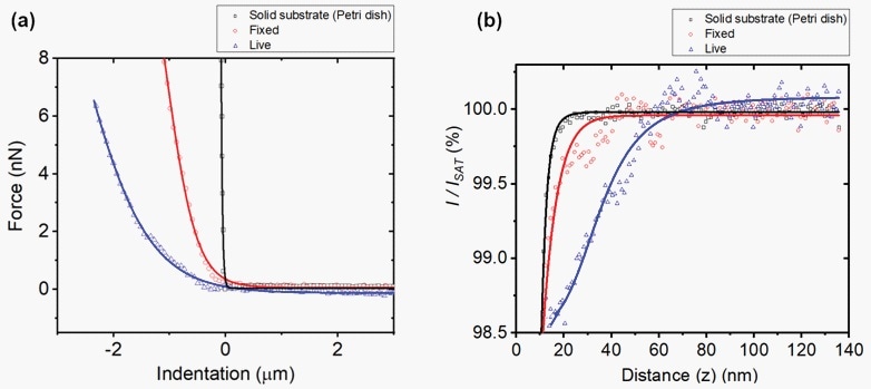 Average force-distance curves (a) and ion-current-distance curves (b) of the solid substrate (black), 4% PFA treated (fixed) cell (red), and live cell (blue).