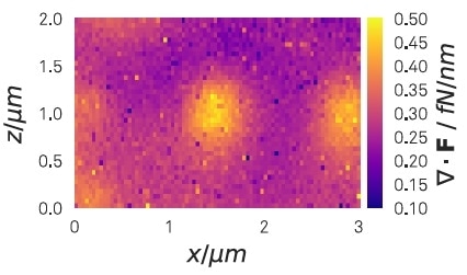 Measured force field planar divergence about 500 nm above an array of approx. 400 nm large holes drilled in a conducting surface. The bright central feature is located above a hole in the center of the scanned area. A bias of -0.2 V has been applied between surface and nanowire. Due to the attraction towards the periphery of the holes, the measured projected force field is repulsive from the center of the hole (positive planar divergence).