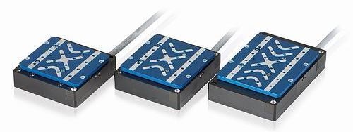 Compact linear stage series with flat-design voice coil motors: models V-522, V-524, and V-528 (from left to right)
