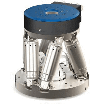 V-610 compact PIMag® torque motor rotary stage stacked on an H-811 hexapod to extend the rotation range for use in highly automated production systems