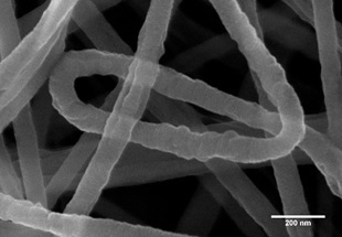 PvDF electrospinning fibers coated with 1 nm of gold with use of Quorum Q150V Plus coater.