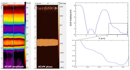 SCM dC/dV amplitude and phase measurements on ann-type doped silicon calibration sample. The dC/dVamplitude cross-sectionis taken from the average of 50 scan lines.