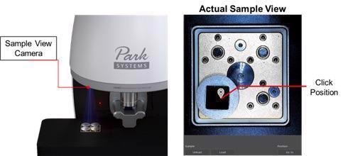 Sample navigation is made much easier by default off-axis sample view camera and fast moving XY stage. The picture on the left indicates the physical location of the camera while the right picture depicts an actual screen shot.