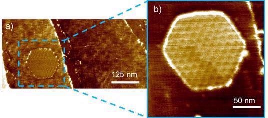 Moiré pattern observed on graphene on h-BN. a) Topography scan of graphene on h-BN, vertical scale 0 to 6 nm.  b) Zoom in: Moiré pattern clearly visible, vertical scale 0 to 6 nm.
