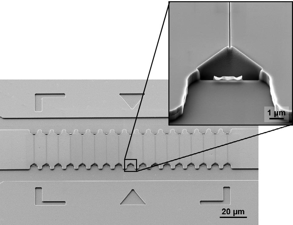SEM image of a silicon master stamp with straight nanochannels after FIB patterning. The inset shows the tapered nanochannel inlet. The sample is tilted 54°.