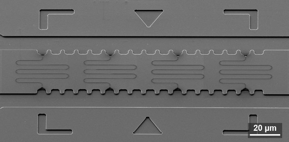 SEM image of a silicon master stamp with meander nanochannels. The sample is tilted 54°.