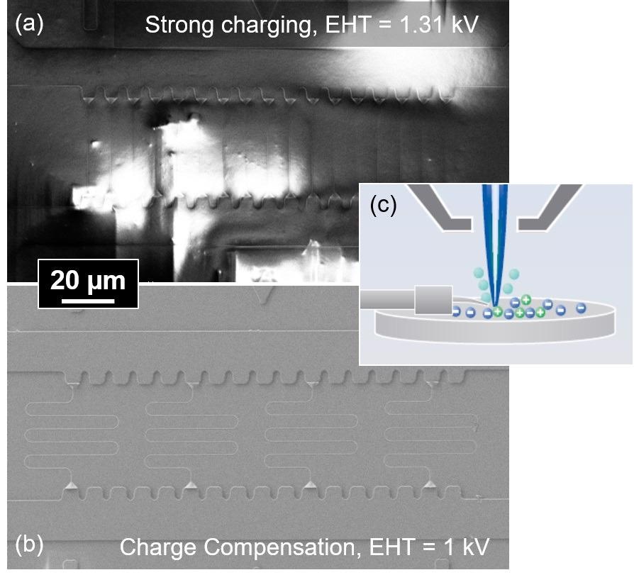 SEM images of a polymer-on-glass stamp without (a) and with charge compensation (b). The inset (c) shows the principle of local charge compensation