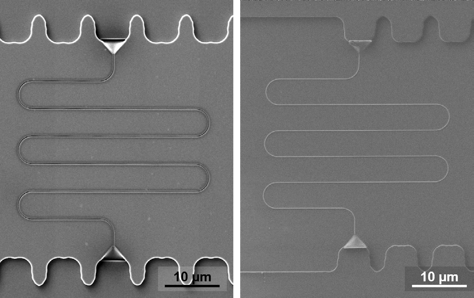 SEM images of a silicon master stamp with a meander nanochannel (left) and the same structure in the corresponding polymer-on-glass stamp (right).