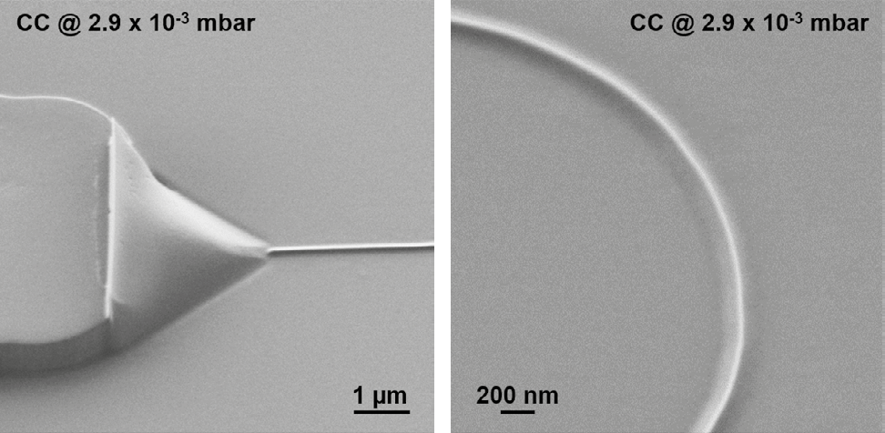 Close-up images of the inlet (left) and bend (right) of a polymer nanochannel using local charge compensation.