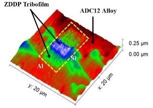 3D image of ZDDP tribofilm on an ADC12 alloy substrate [8]. Yellow rectangle indicates experimental region which was selected for the tribofilm growth.