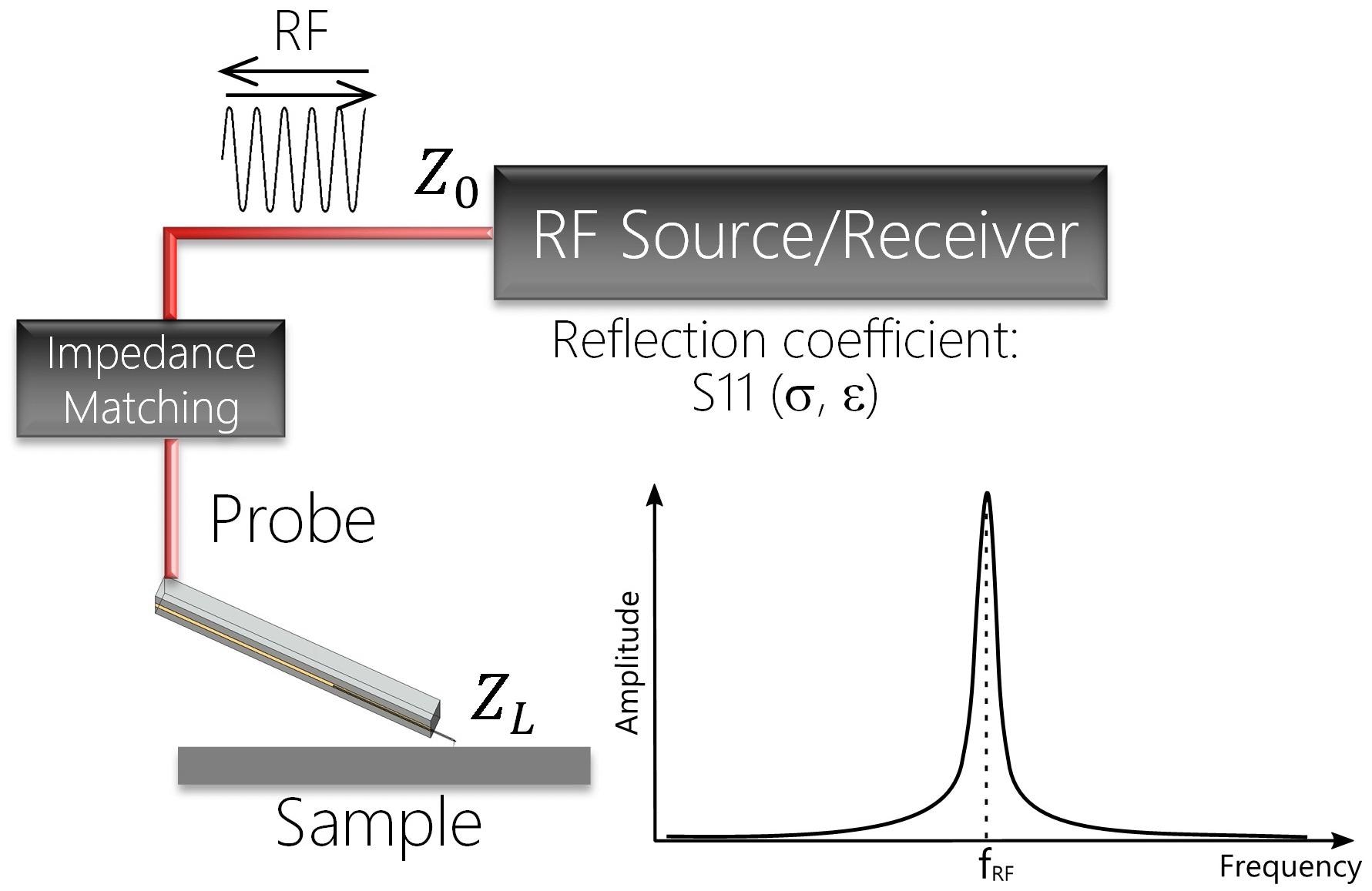 A schematic of a typical SMM setup: RF source/receiver electronics send the RF wave with impedance Z0 through the transmission line to the probe (red). The sample-probe impedance is ZL. The impedance matching circuit works as an “anti-reflection” medium between the low impedance Z0 and high impedance ZL. There is only one frequency peak (fRF) in the spectrum and the amplitude and/or phase are tracked during scanning of the surface.