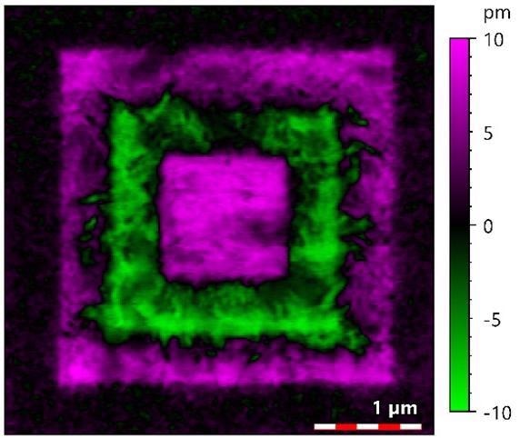 PFM amplitude projection of P(VDF-TrFE) thin film after applying DC sample bias of 40?V, -40?V, and 40?V during consecutive scanning of 3x3 µm2, 2x2 µm2, and 1x1 µm2 areas respectively. The AC amplitude amounted to 5 V. Sample courtesy: Joanneum Research Forschungsgesellschaft mbH, Austria.