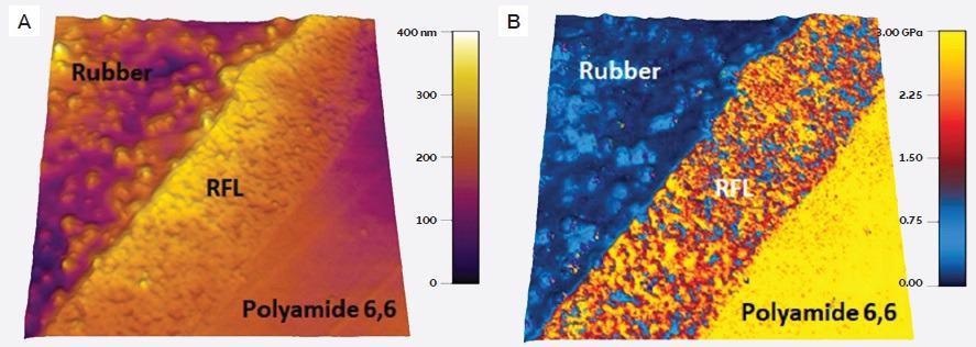 FFM measurements on a polyamide/rubber composite with a resorcinol-formaldehyde-latex additive. These are 5 µm scans captured simultaneously, showing (a) topography and (b) Young’s modulus.