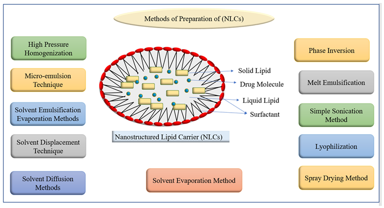 Methods of preparation of nanostructured lipid carriers (NLCs).