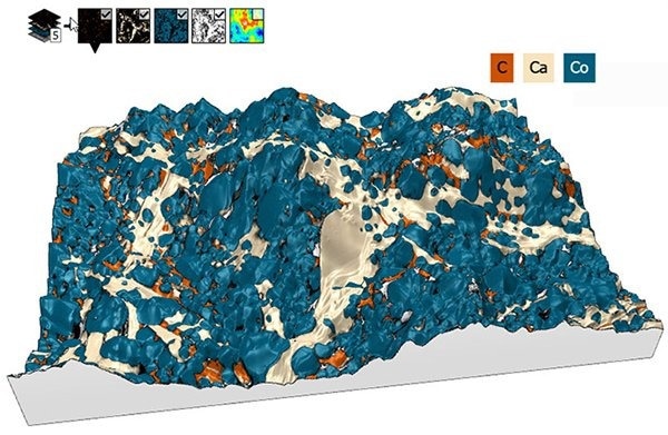 3D model of surface topography with overlay of chemical composition on a Cobaltite sample. Courtesy of Emmanuel Guilmeau, CRISMAT (Caen, France), Jean-Claude Ménard, JEOL France.