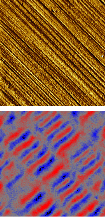 Magnetic force microscopy of hard drive with magnetically stored data. Scan size: 2 x 2 µm2.