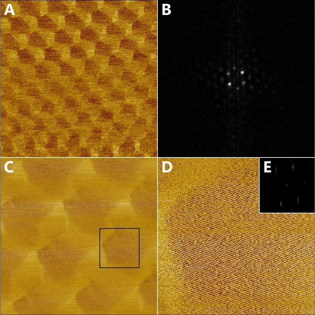 Moiré super lattice of twisted graphene on hBN imaged in force modulation mode on the contact resonance frequency. (A) phase image with scan size of: 190 x 190 nm2 (B) Center part of the Fourier transform image used to determine the lattice constant of the moiré pattern (C) phase image of 68 x 68 nm2 area rescanned with 1024 x 1024 px2 containing both the moiré superlattice and atomic lattice. (D) Digital zoom of the (C). (E) Fourier transform showing the diffraction spots from the atomic lattice.