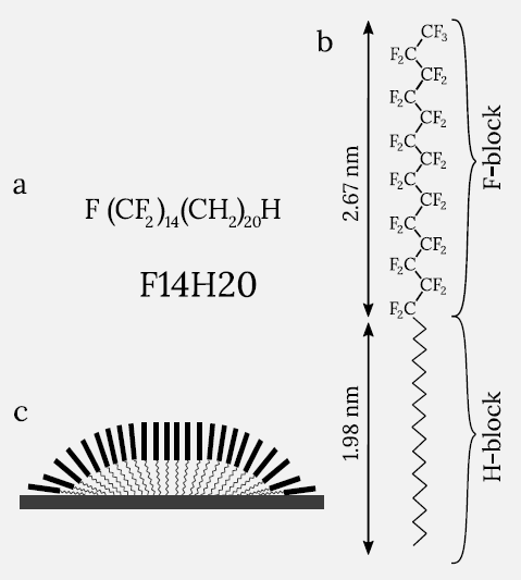 (a) Schematic representation of semifluorinated alkane molecule F14H20. (b) Its sketch and sizes in molecular aggregates. (c) A possible arrangement of F14H20 self-assemblies on flat substrate. The (CH2)20CH3 part is more flexible, than the rigid and more hydrophobic CF3(CF2)14 part.