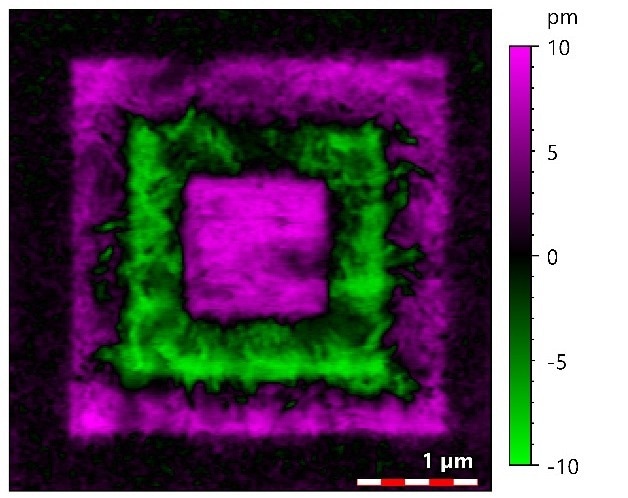 PFM amplitude projection of P(VDF-TrFE) thin film after applying DC sample bias of 40 V, -40 V, and 40 V during consecutive scanning of 3x3 µm2, 2x2 µm2, and 1x1 µm2 areas respectively. The AC amplitude amounted to 5 V. Sample courtesy: Joanneum Research Forschungsgesellschaft mbH, Austria.