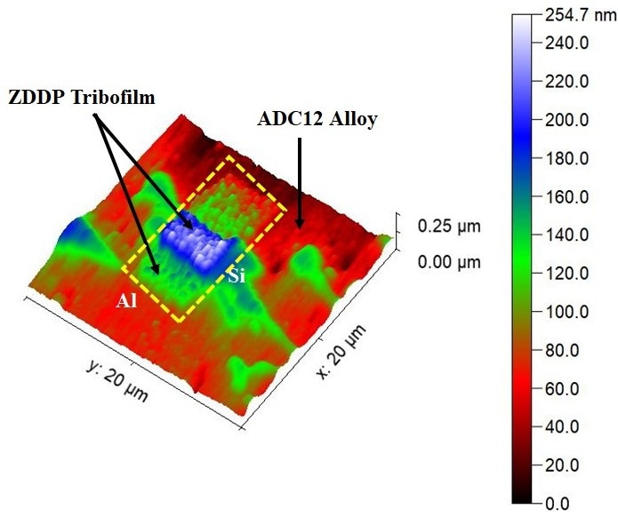 3D image of ZDDP tribofilm on an ADC12 alloy substrate 8. Yellow rectangle indicates experimental region which was selected for the tribofilm growth.