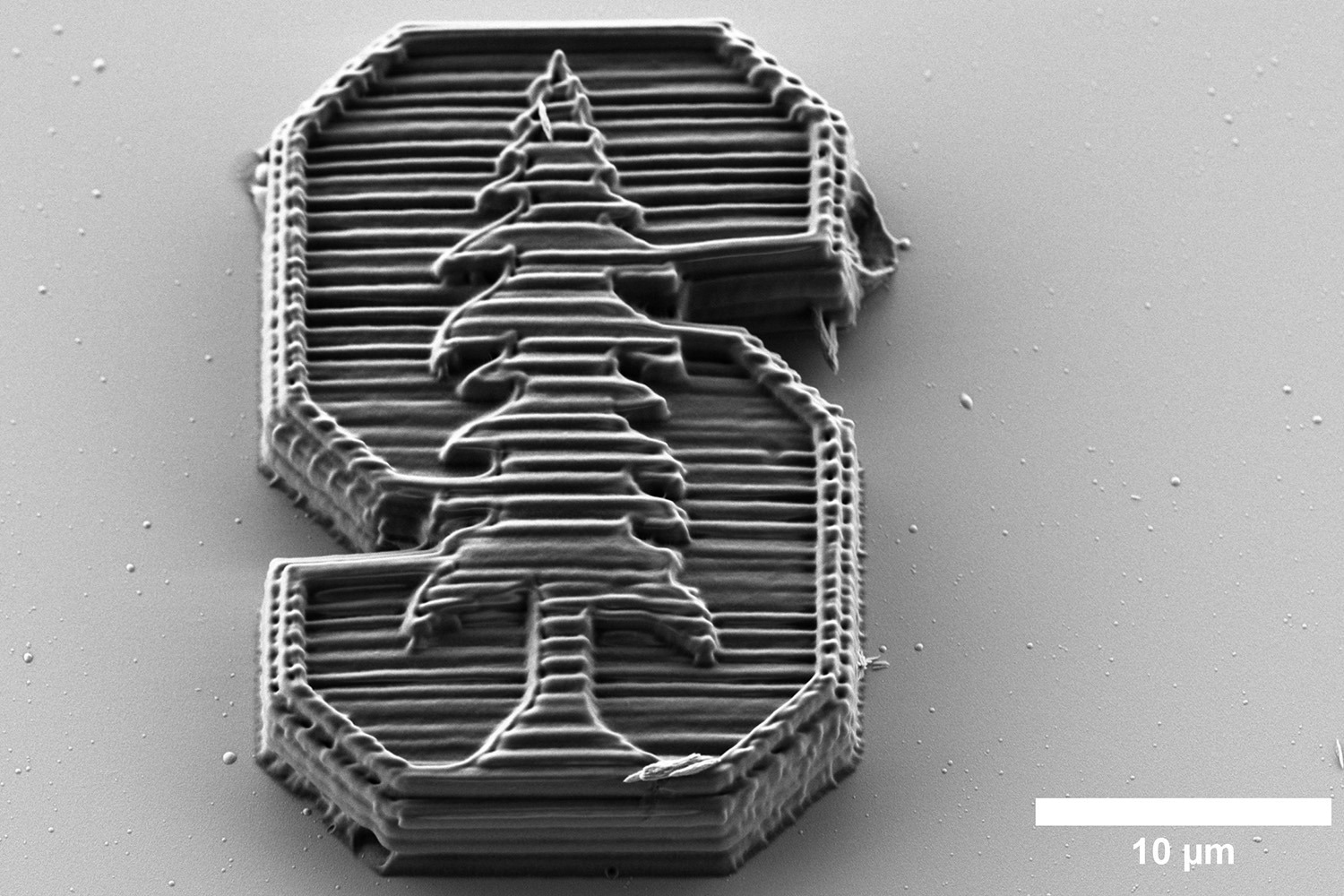 Tiny but strong Stanford logo made using nanoscale 3D printing. (Image credit: John Kulikowski)