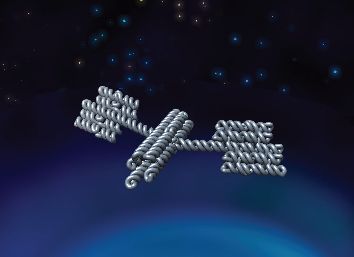 "Nanosatellite explores folding space". Artist rendering by Cody Geary showing an RNA satellite exploring the possibilities for folding and applications in nanomedicine and synthetic biology.