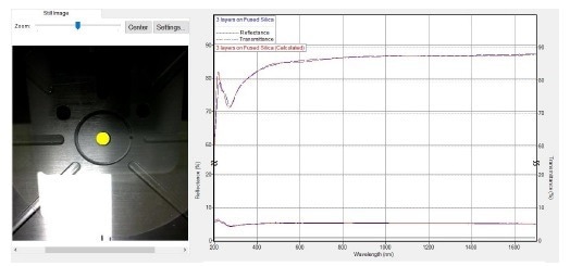 Transmission (upper trace) and reflection (lower trace) data for tri-layer graphene on a fused silica substrate. The layer thickness measured 1.2 nm.