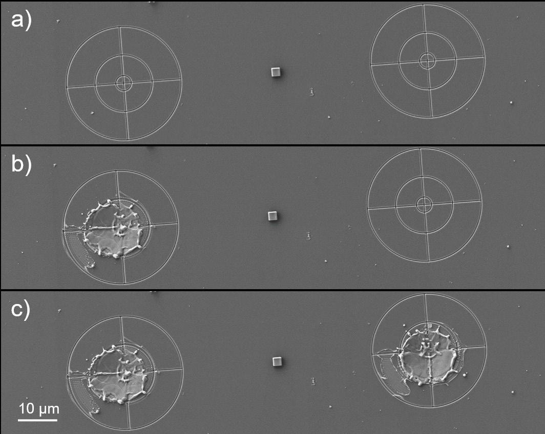 Illustration of the local offset correction method: a) Two FIB-machined targets were patterned near the ROI. The SEM image a) was used as a reference to guide the laser. b) The offset between SEM and laser is measured and corrected for (first offset correction). c) The second fiducial was targeted to further refine the local offset correction (second offset correction).