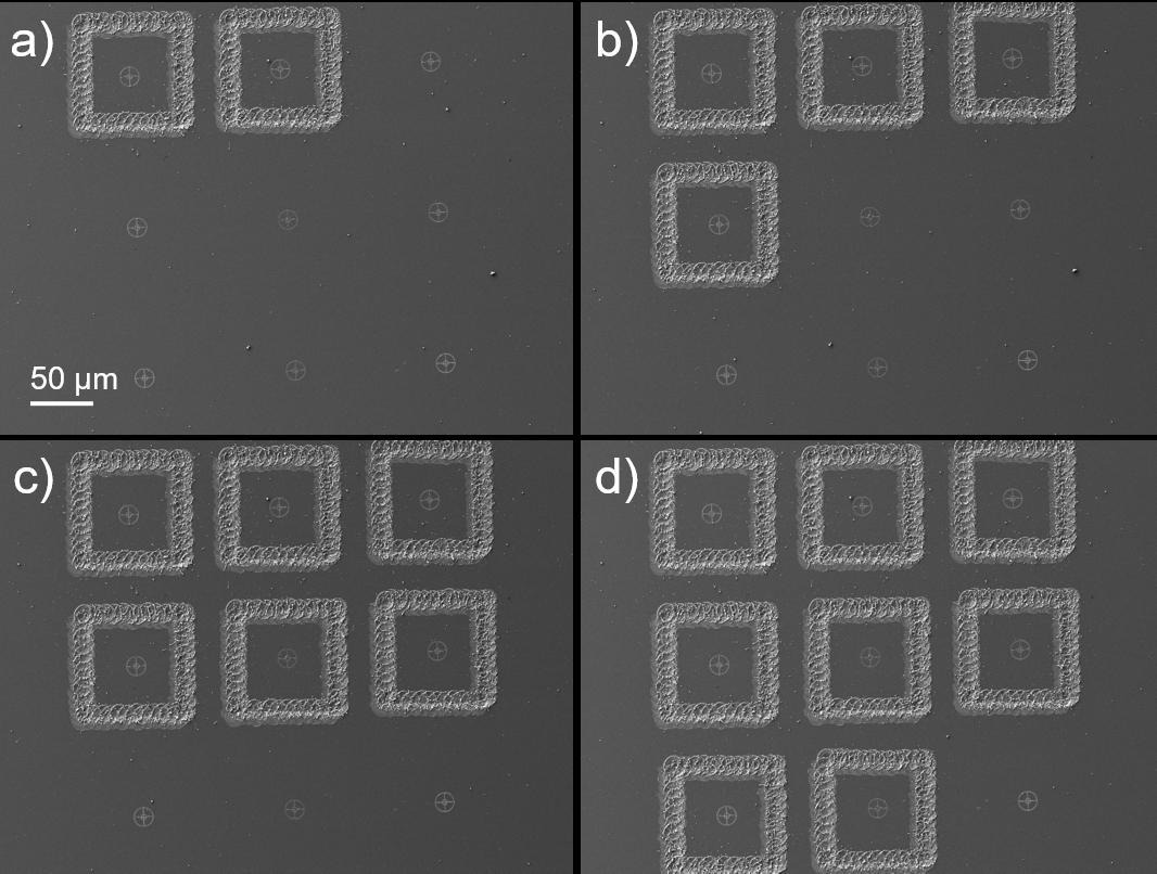 SEM images of a 3 × 3 array of FIB fiducials after laser exposure of a frame around the fiducial number a) 2, b) 4, c) 6, and d) 8.