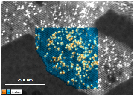 High resolution EDS mapping of Co nanoparticles embedded in mesoporous silica measured at 30 kV. Individual Co nanoparticles with approx. 10 nm size are resolved.