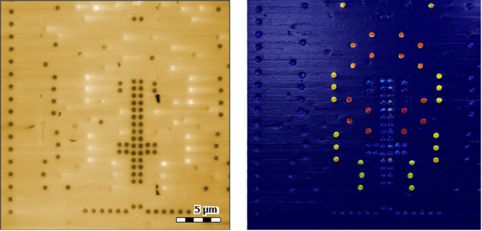 Topography (left) and a C-AFM image (right) of an interconnect structure. The C-AFM image shows different conductivities for different groups of contacts. Image size: 25 x 25 µm2, current range: 1.5 nA.