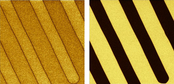 CR-PFM on LiNbO3: PFM amplitude (left) and PFM phase (right). In the PFM amplitude image, the piezoelectric domain boundaries are clearly visible while the PFM phase image indicates the polarization direction of the domains. Image size: 30 x 30 µm2.