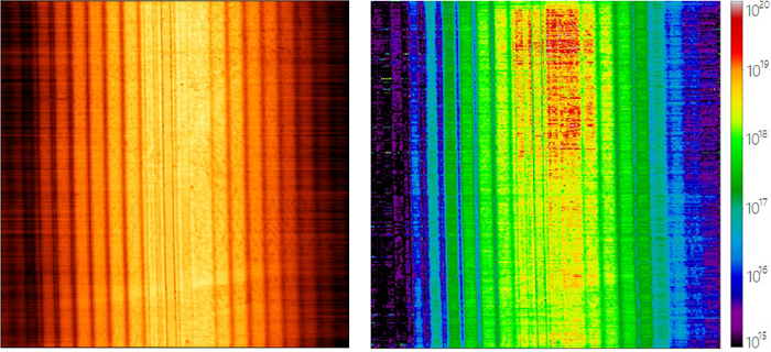 S11 amplitude (left) and dopant density map (right) of an Infineon SCM calibration sample with dopant densities in a range of 4x1015 – 1020 cm-3. Scan size is 50 x 50 µm2.