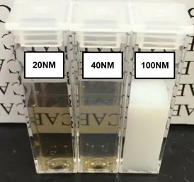 Suspensions of 20, 40, and 100 nm FND particles in deionized water. Extensive light scattering of large particles causes the 100 nm suspension to appear milky-white in color. The slight reduction in optical clarity of the sample containing 40 nm particles as compared to the one with 20 nm particles is indicative of greater light scattering from larger particles. Suspensions adopt a brown/amber color when sizes are small enough that light scattering is reduced. In all these suspensions the concentration of FNDs is approximately 1 mg/mL
