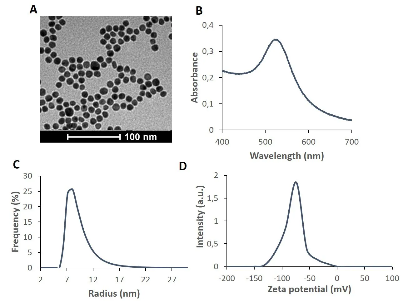 Characterization of AuNPs synthesized by the citrate reduction method. Several standard and straightforward techniques used for characterization of AuNPs, such as A) Transmission Electron Microscopy (TEM), showing the spherical shape with good size dispersion; B) UV-visible spectroscopy, where the LSPR peak is used for the assessment of size and stability; C) Dynamic Light Scattering (DLS), which measures the hydrodynamic radii of AuNPs, thus highlighting the size dispersion; and D) zeta potential, which provides information of the superficial charge of the AuNPs, thus an assessment of stability. Altogether, these data are easy to acquire and provide enough information for manufacturing characterization.