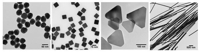 Transmission electron micrographs demonstrating the diversity of size and morphology possible by control over the reaction chemistry and kinetics during the solution-phase synthesis of silver nanomaterials: (left to right) uniform 50 nm diameter spheres, 75 nm cubes, 120 nm triangular nanoplates, and silver nanowires.