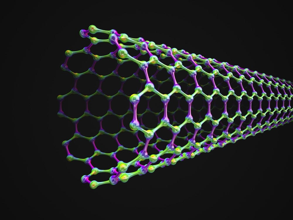 The structure of the graphene tube of nanotechnology. Several molecules connected, crystallized in the hexagonal system. 3d-Illustration. Dark background.