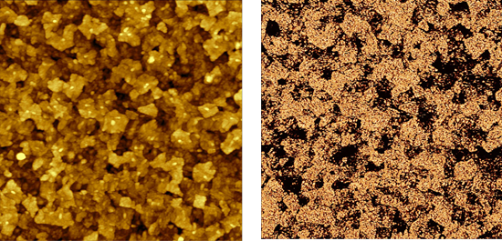 Topography (left) and a C-AFM image (right) of an ITO thin film on glass substrate. Image size: 5 x 5 µm2, current range: 12 nA.