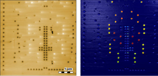 Topography (left) and a C-AFM image (right) of an interconnect structure. The C-AFM image shows different conductivities for different groups of contacts. Image size: 25 x 25 µm2, current range: 1.5 nA