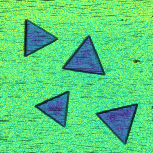 KPFM image showing 2D crystals of MoS2 on silicon oxide. Image was done by off-resonance single pass AM KPFM. Image size: 42 x 42 µm2