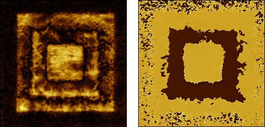 PFM amplitude (left) and phase (right) of P(VDF-TrFE) thin film after applying DC sample bias of 40 V, 40 V, and 40 V during consecutive scanning of 3x3 µm2, 2x2 µm2, and 1x1 µm2 areas respectively. Amplitude range: 10 pm; Phase range from -90° to 90°.