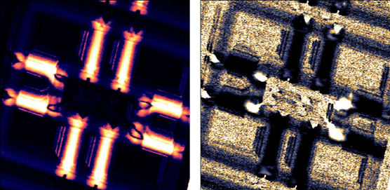 dS/dV amplitude (left) and phase (right) or an SRAM sample. The bright regions in the amplitude image are the p-type conducting channels. Image size: 11 x 11 µm2.